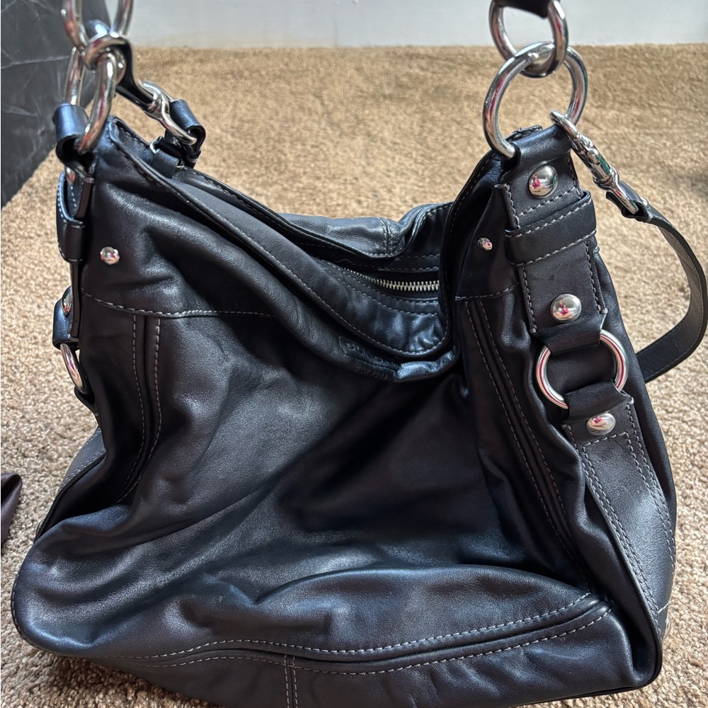 Coach Black Leather Shoulder Bag with Silver Accents